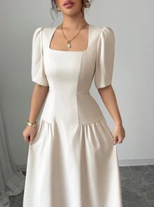 Elenzga Women's Spring/Summer French Elegant Casual/Office/Vacation Square Collar Waist Ruched A-Line Long Dress, Short Sleeve