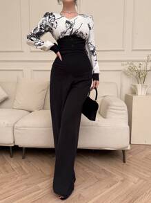 DAZY Mono con pierna ancha de rayon con estampado floral y contraste de color para mujer