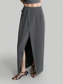 Ontre Damen Set aus einfarbigem Trägerhemd und langem Wickelrock, 2-teilig, Vintage Stil Lässig Outfit, elegant für täglichen Gebrauch und den Arbeitsweg - Grau - Übersicht 5