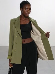Aveloria Modichic Elegante chaqueta de blazer de manga larga para mujer, con diseño de parche de gasa de doble botonadura, cinturón y marca de nicho de alta gama, para uso cotidiano - Verde militar - Ver 7