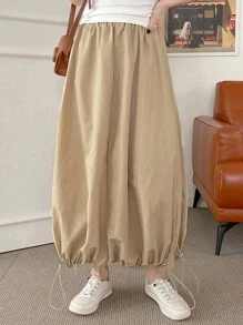 DAZY 女士纯色松紧腰收褶下摆半身裙，卡其色，四季皆宜 - 卡其色 - 查看 5