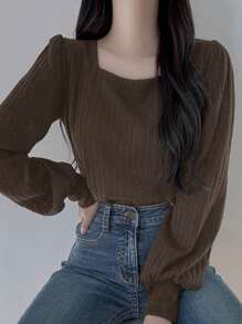 DAZY Women's Solid Color Square Neck Fitted Lantern Sleeve Long Sleeve T-Shirt, Spring/Summer/Autumn