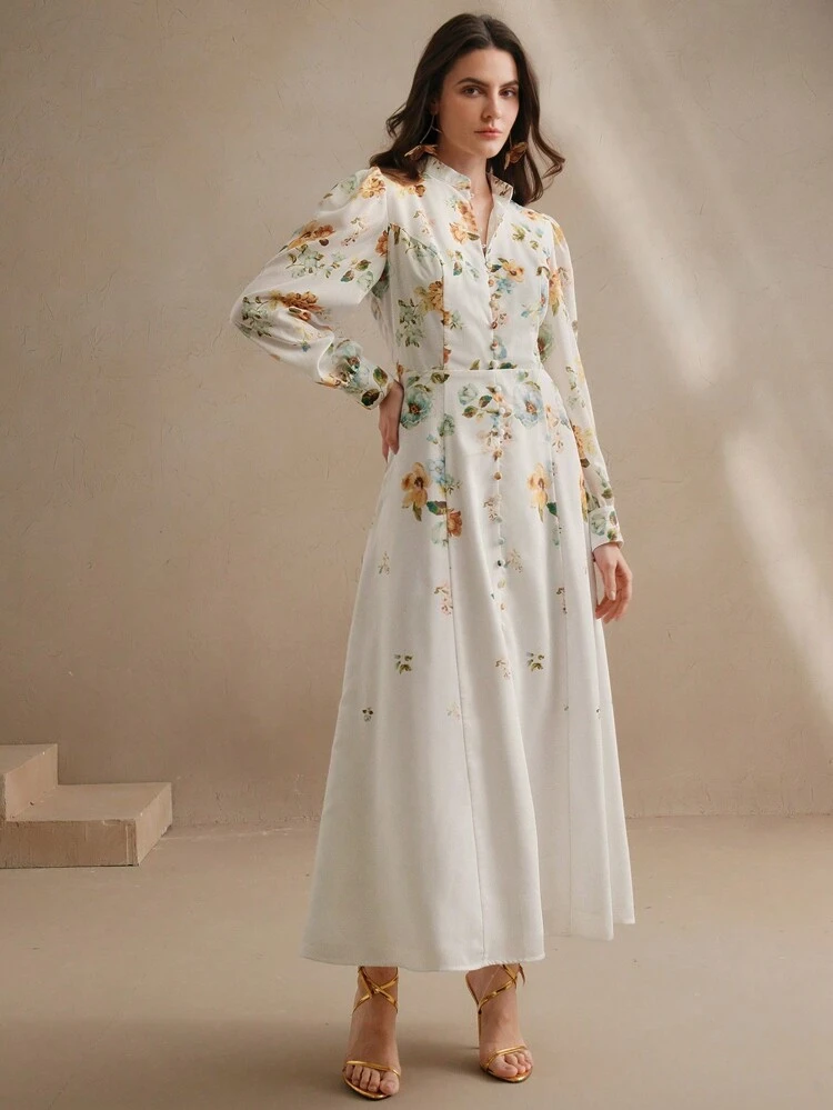 Women's Elegant Floral Print Stand Collar Fitted Long Sleeve Dress, Spring