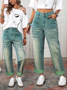SHEIN LUNE Jeans de mezclilla sencilla y casual para uso diario de mujer - Verde - Ver 6