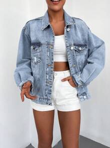 Cottnline 98%Cotton Flap Pocket Ripped Drop Shoulder Denim Jacket - Light Wash - View 6