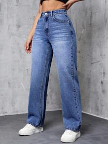 SHEIN EZwear Slant Pocket Straight Leg Jeans - Medium Wash - View 3