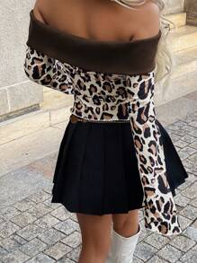 INAWLY Women's Leopard Print Off-Shoulder Long Sleeve Fitted Blouse Fall Cloth For Women