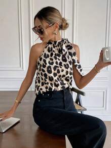 SHEIN Frenchy Chemise sans manches imprimé léopard pour femmes, décontractée et pour le port quotidien