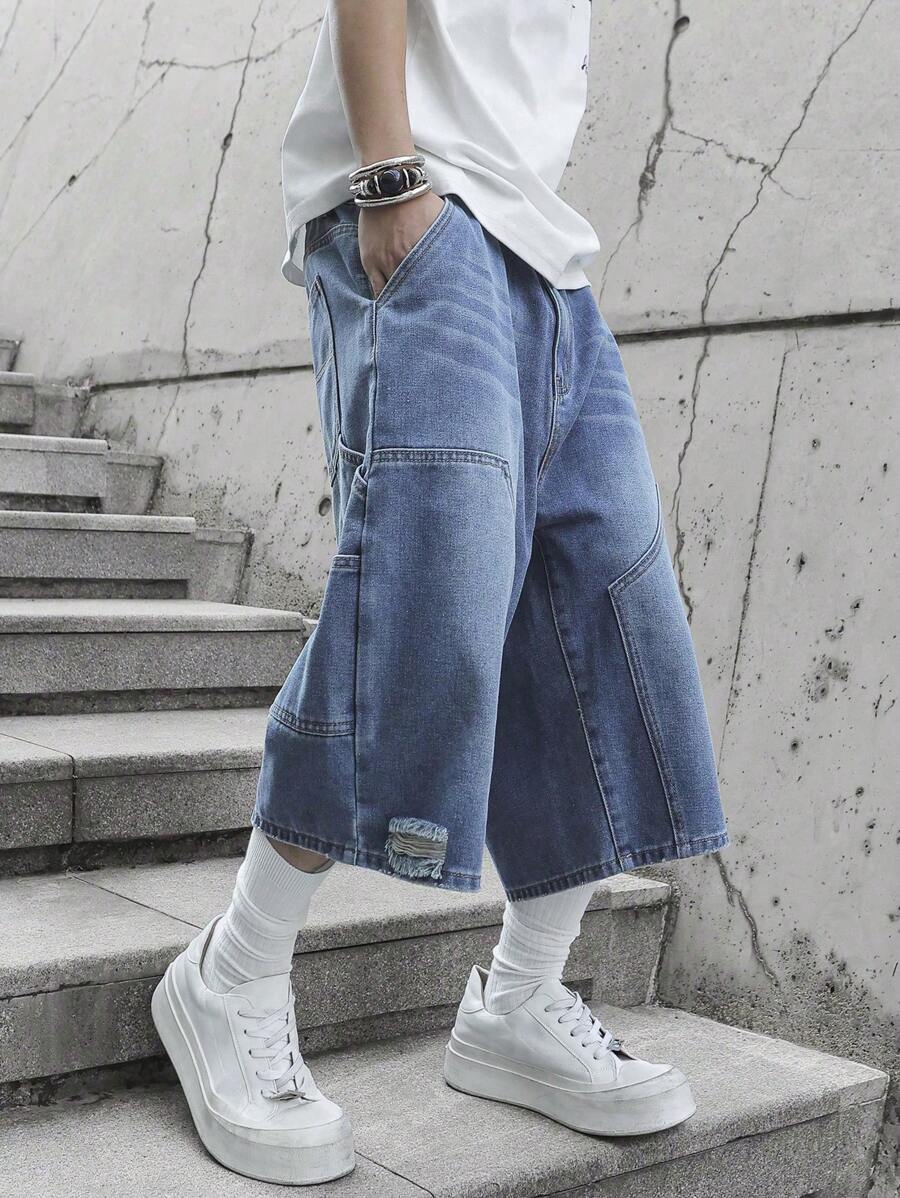 Manfinity EMRG 男士中蓝色水洗牛仔工装短裤，拼接街头风格宽松牛仔短裤