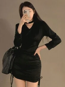 DAZY Đầm dự tiệc màu đen ôm sát cho nữ, Đầm dạ hội tay dài thanh lịch mùa xuân/thu - màu đen - Xem 4