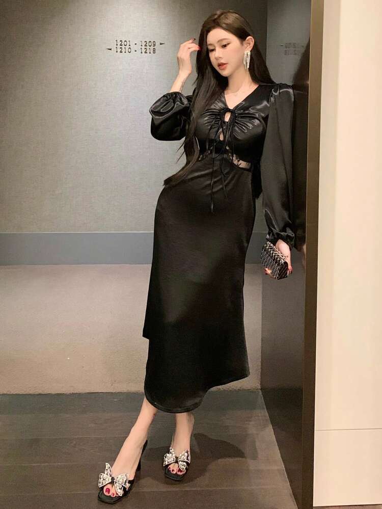V-Neck Lace Patchwork Waist Midi Dress For Women Prom Dress,Fall Dress Long Sleeve Dress Elegant Women Dresses