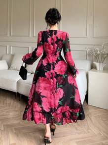 DAZY V-Neck Lantern Sleeve Slit Floral Mid-Length Women Dress Prom Dress Elegant,Ruffle,Fall Dress Long Sleeve Dress Easter Maxi Dress - Red - View 2