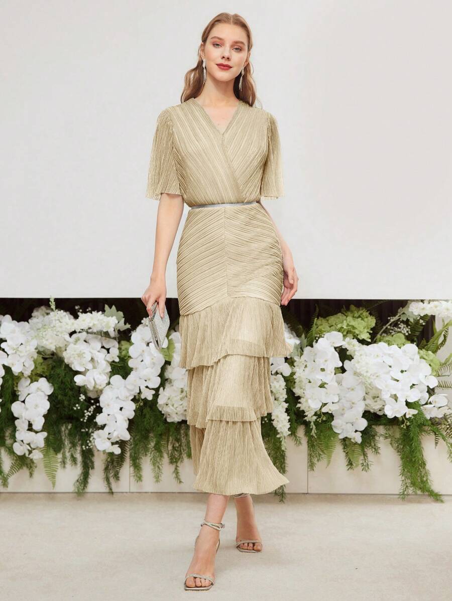 MOTF PREMIUM TEXTURED RUFFLE HEM RUCHED DRESS - Gold - View 1