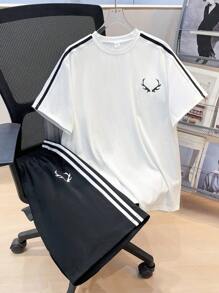 SHEIN 2pcs Set Teen Boy's Casual Versatile Small Logo Print Design Round Neck Short Sleeve T-Shirt And Shorts Set; Spring Wear; Teen Boys' Clothing; Teen Boy' Jackets, Spring Back To School