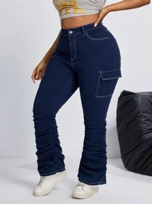 SHEIN ICON Plus Size Front Button Pocket Simple Slim Fit Casual Jeans - Navy Blue - View 5