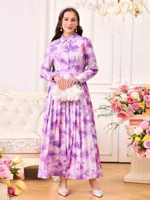 Elegant Floral Print Ruffled Hem Long Dress With Collar, Suitable For Teen Girls, Vacation & Holiday Wear - Multicolor - View 4