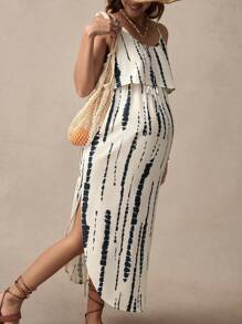 SHEIN Boho Pregnant Women's Tie-Dye Spaghetti Strap Dress With Waist Belt And Side Slit, Skin-Friendly Summer Maternity Dress