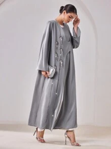Al Najma Women's Long Sleeve Arabic Abaya Cardigan With Rhinestone Decor - Grey - View 3