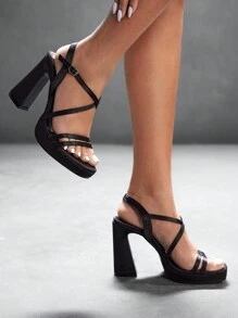 CUCCOO SZL Women's Solid Color Simple Chunky Heel Sandals, Casual Everyday Wear Spring Shoes Spring Break Easter Prom Heels - Black - View 1