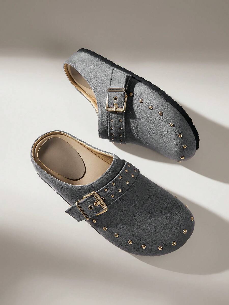 Solecia Women's Casual Flat Shoes With Adjustable Buckle Rivet Design - Grey - View 1