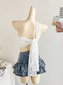 Soleia Women's Romantic Floral Lace One Shoulder Asymmetric Hem Back Tie Sheer Top For Holiday,New Years Women,White Top,Birthday For Women, Western Wear Women,Holiday Party Top,Valentine's Day