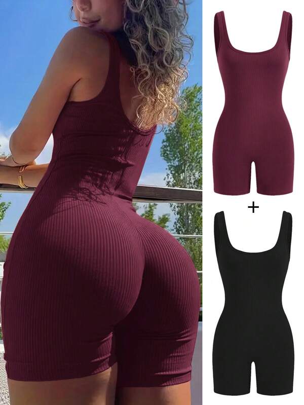 SHEIN SXY Salopetă elegantă pentru femei, mărime plus, primăvară-vară, sexy, de zi cu zi, bază, 2 buc., casual, culoare solidă, fără mâneci, scurtă, slim fit, potrivită pentru purtare de zi cu zi, ieșiri în oraș, sală, ușor de asortat și arată slim, îți pune în valoare corpul, flatează silueta.