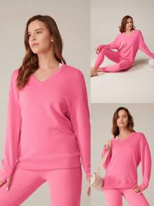 GLOWMODE Modal Silky Smooth Oversized V-Neck Hip Length Long Sleeve Sweatshirt With Thumbholes Valentine's Day Casual - Blush Crush - View 6