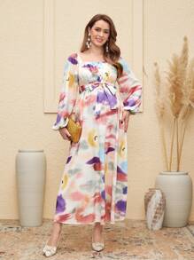 SHEIN Vestido de manga farol con estampado de teñido anudado elegante para maternidad