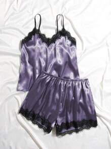 Women's Contrast Lace Cami Top & Shorts Pajama Set