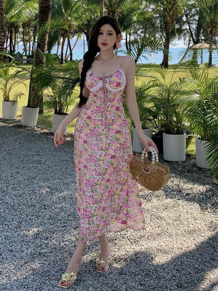 Women All-Over Print Lace Patchwork Waist Cinching Long Dress With Spaghetti Straps,Milkmaid Dress Cruise Outfit For Women Floral Boho