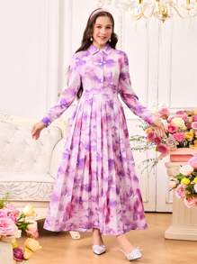 Elegant Floral Print Ruffled Hem Long Dress With Collar, Suitable For Teen Girls, Vacation & Holiday Wear - Multicolor - View 1