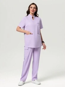 Scrubzie Set de 2 piezas Uniformes de mujer tipo Scrubs, con pespunte contrastante antiarrugas, blusa de manga corta y pantalones - Púrpura malva - Ver 3