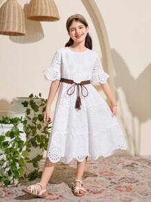 SHEIN Tween Girl Vacation Casual Eyelet Embroidery Round Neck Short Sleeve Dress - White - View 3