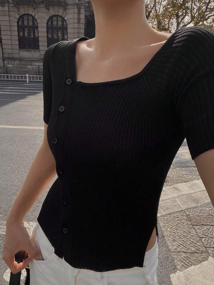 Women Knit Blouse, Oblique Shoulder Short Sleeve, Split Hem, Spring/Summer