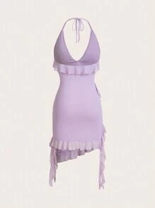 SHEIN ICON Spring Ruffle Trim Halter Neck Sleeveless Red Dress,Lavender Dress - Mauve Purple - View 2