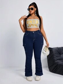 SHEIN ICON Plus Size Front Button Pocket Simple Slim Fit Casual Jeans - Navy Blue - View 6