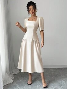 Elenzga Women's Spring/Summer French Elegant Casual/Office/Vacation Square Collar Waist Ruched A-Line Long Dress, Short Sleeve