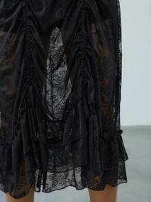 Easelle 不对称褶皱蕾丝裙 - 黑色 - 查看 4