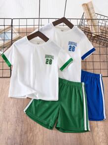 2 Pieces Set For Young Boys, Casual & Cute Sporty Street Fashion Style, Dopamine Colorblock Design Loose Fit Crew Neck T-Shirt And Shorts, Buy One Get One Free, Suitable For Spring, Summer, Autumn & Winter, Home, Outdoor, School, Sports - Multicolor - View 5