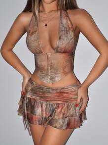 SHEIN ICON Women's Summer Tie-Dye Halter Tank Top And Ruffled Hem Skirt Set