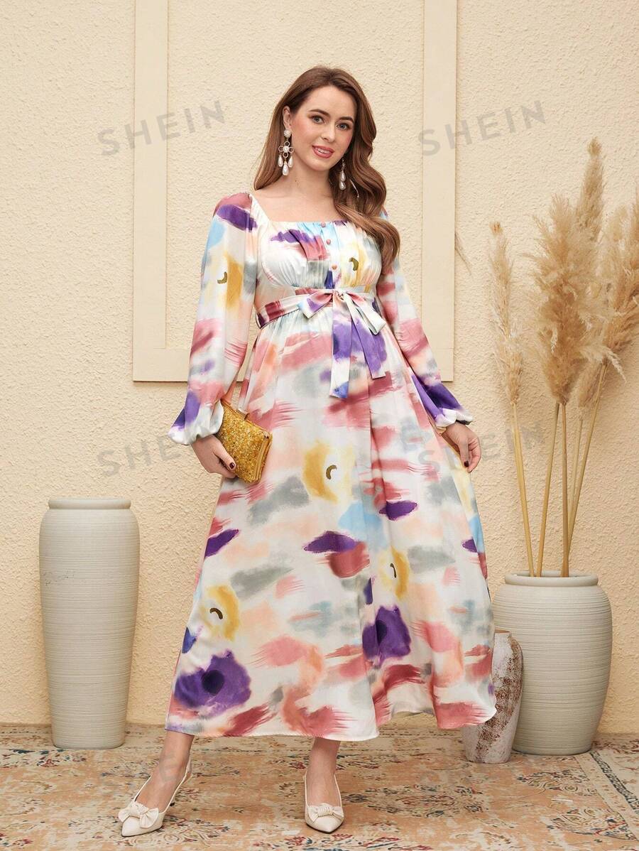 SHEIN Vestido de manga farol con estampado de teñido anudado elegante para maternidad