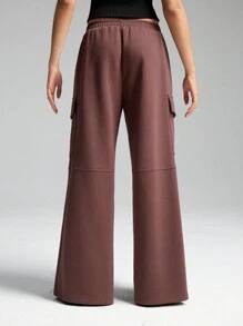 LYSMO Casual Solid Color Zipper Side Split Cargo Sweatpants - Brown - View 2