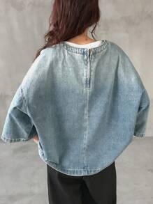 FRIFUL Blusa de denim casual con cuello redondo y bolsillo, unicolor para mujer - Azul - Ver 3