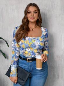 SHEIN LUNE Plus Size Casual Minimalist Allover Print Boxy Crew Neck T-Shirt - Multicolor - View 4