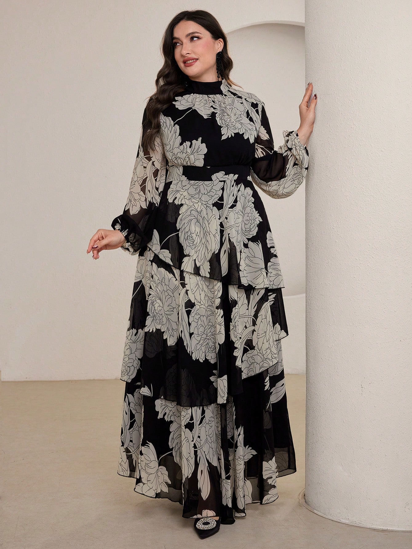 Graceveil فستان شيفون مزخرف بالأزهار مع رقبة عالية...