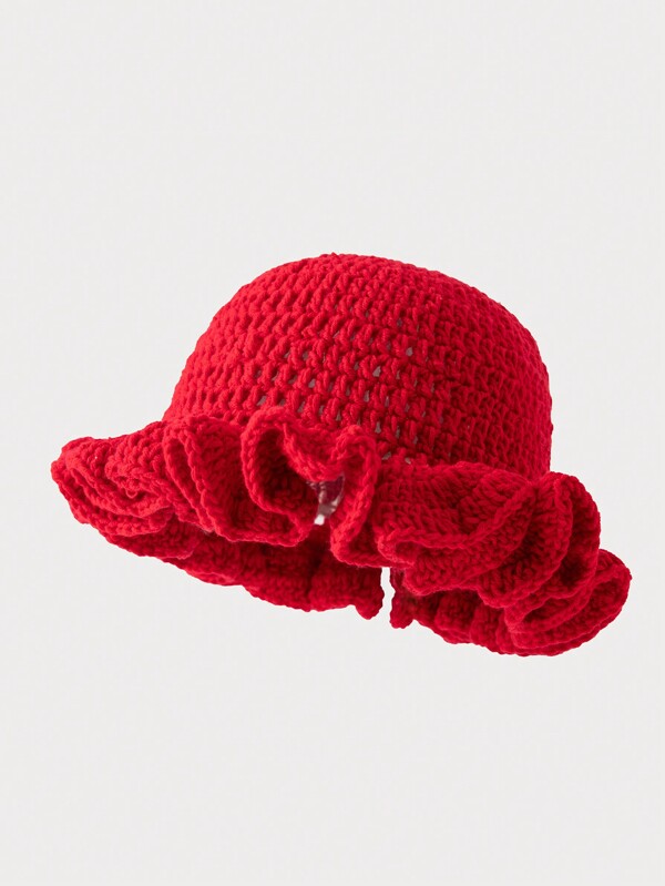 Women's Hand-Crocheted Ruffle Edge Wavy Knitted Beanie Hat