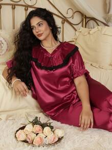 Côtesoire 大码荷叶边领蕾丝拼布睡衣套装 - 酒紅色 - 查看 6