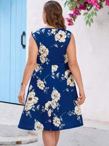 SHEIN Clasi 大码花卉印花百褶连衣裙，蓝色，女士演唱会连衣裙，女士春季连衣裙，女士优雅连衣裙，女士生日连衣裙，浪漫连衣裙，女士节日连衣裙，优雅连衣裙 - 彩色 - 查看 2