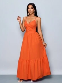 SOLERSUN Women's Romantic Orange Beach Vacation V-Neck Pleated Backless A-Line Cami Long Dress For Spring Summer Hawaii - Burnt Orange - View 6