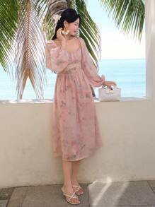 DAZY Spring New Fashion Plant Print Waist High Waist Sundress, Elegant Long Sleeve Ditsy Floral Dress, High-End Pink Ditsy Floral Formal Dress For Women